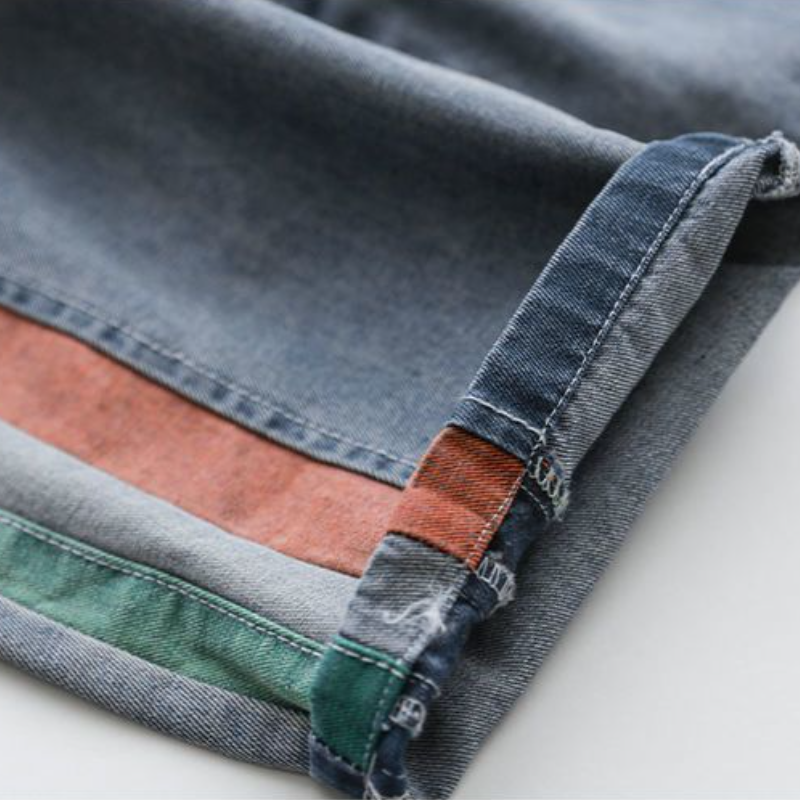 牛仔拼接撞色九分褲 寬鬆好搭 鬆緊腰哈倫版