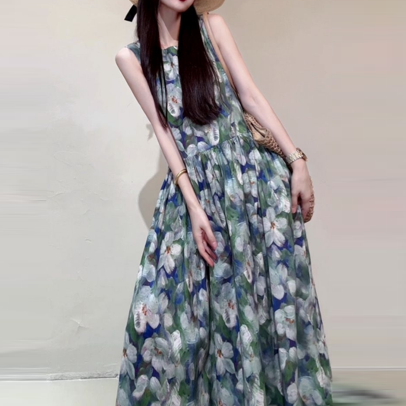 清新印花及踝長洋裝 無袖寬鬆大擺設計 渡假風飄逸款 度假感長洋裝