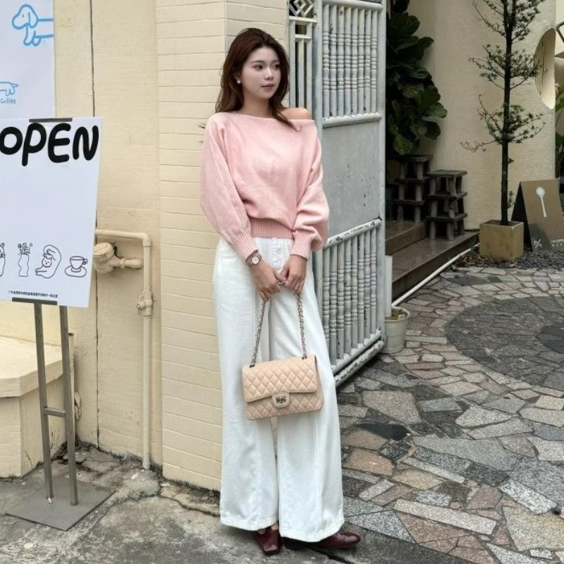 一字領露肩針織上衣 秋季慵懶風 長袖顯瘦 溫柔韓系毛衣