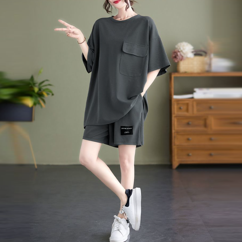 大尺碼素色短袖短褲兩件套 寬鬆顯瘦休閒家居套裝