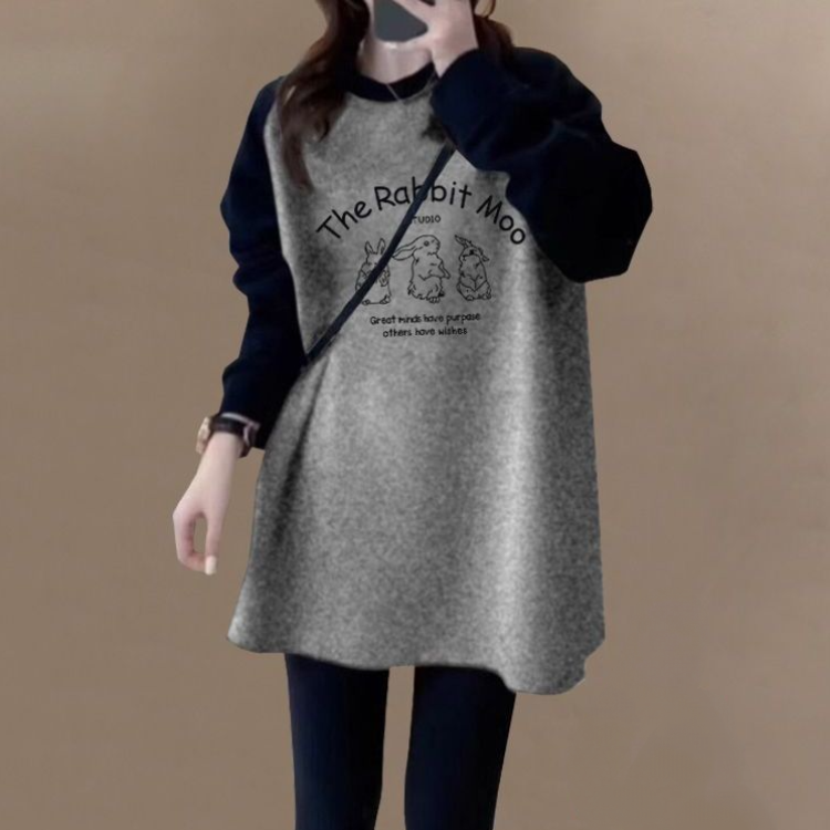 長版拼色磨毛上衣 寬鬆顯瘦 加厚保暖 搭配鯊魚褲超好看