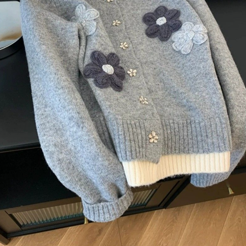 韓系立體花釘珠針織開襟外套 軟糯保暖 寬鬆好搭