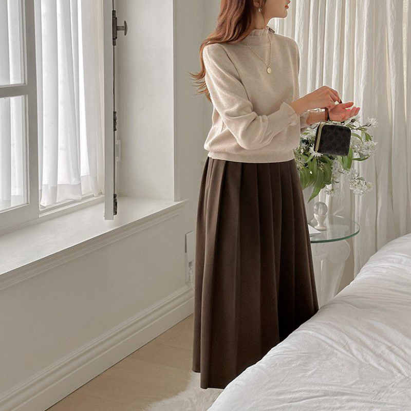 韓國花邊立領上衣-素面蕾絲婚禮OL針織長袖拼接親膚