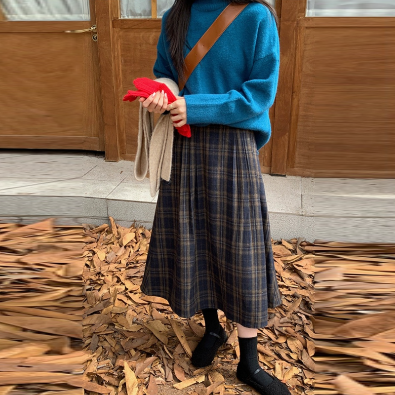 復古格紋毛呢中長裙 高腰A字傘裙 寬鬆顯瘦 修飾臀胯 秋冬百搭