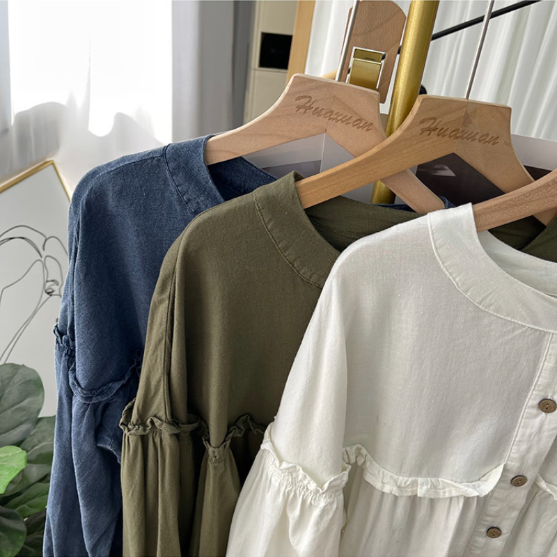 純棉燈籠袖襯衫 圓領排釦 荷葉邊拼接 寬鬆復古感