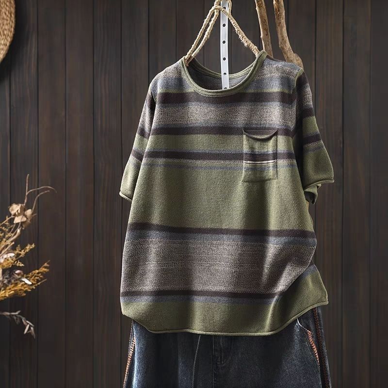 春夏條紋針織短袖T恤 寬鬆圓領上衣百搭休閒款