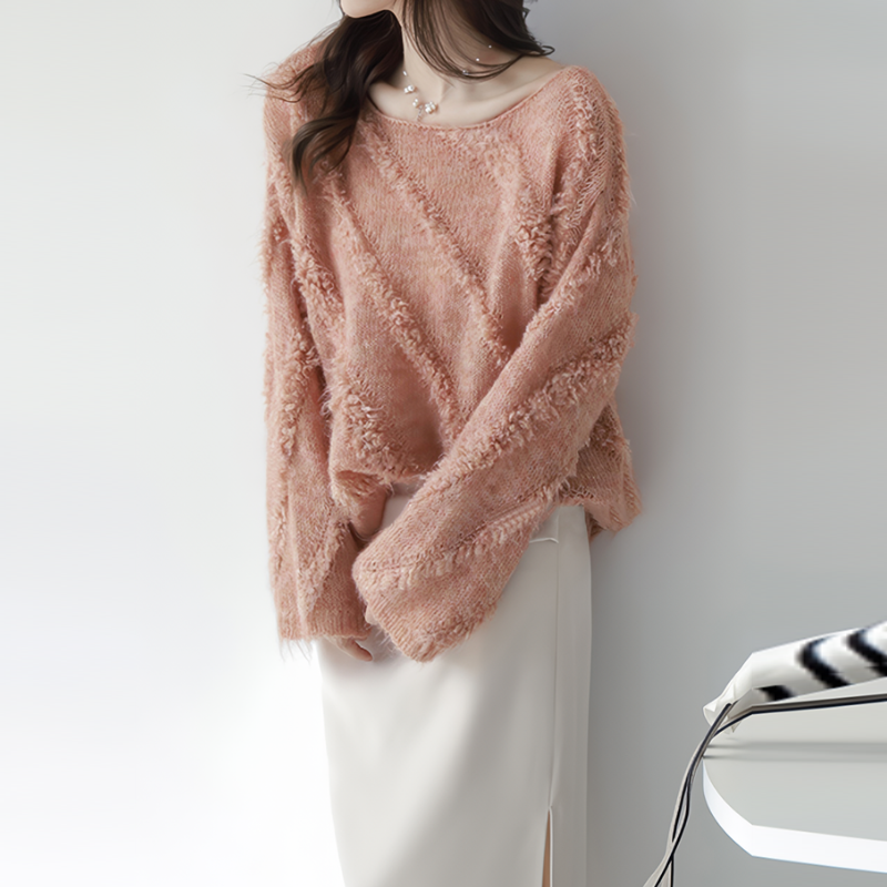 法式慵懶一字領馬海毛毛衣 秋冬外穿寬鬆針織上衣 柔軟蓬鬆