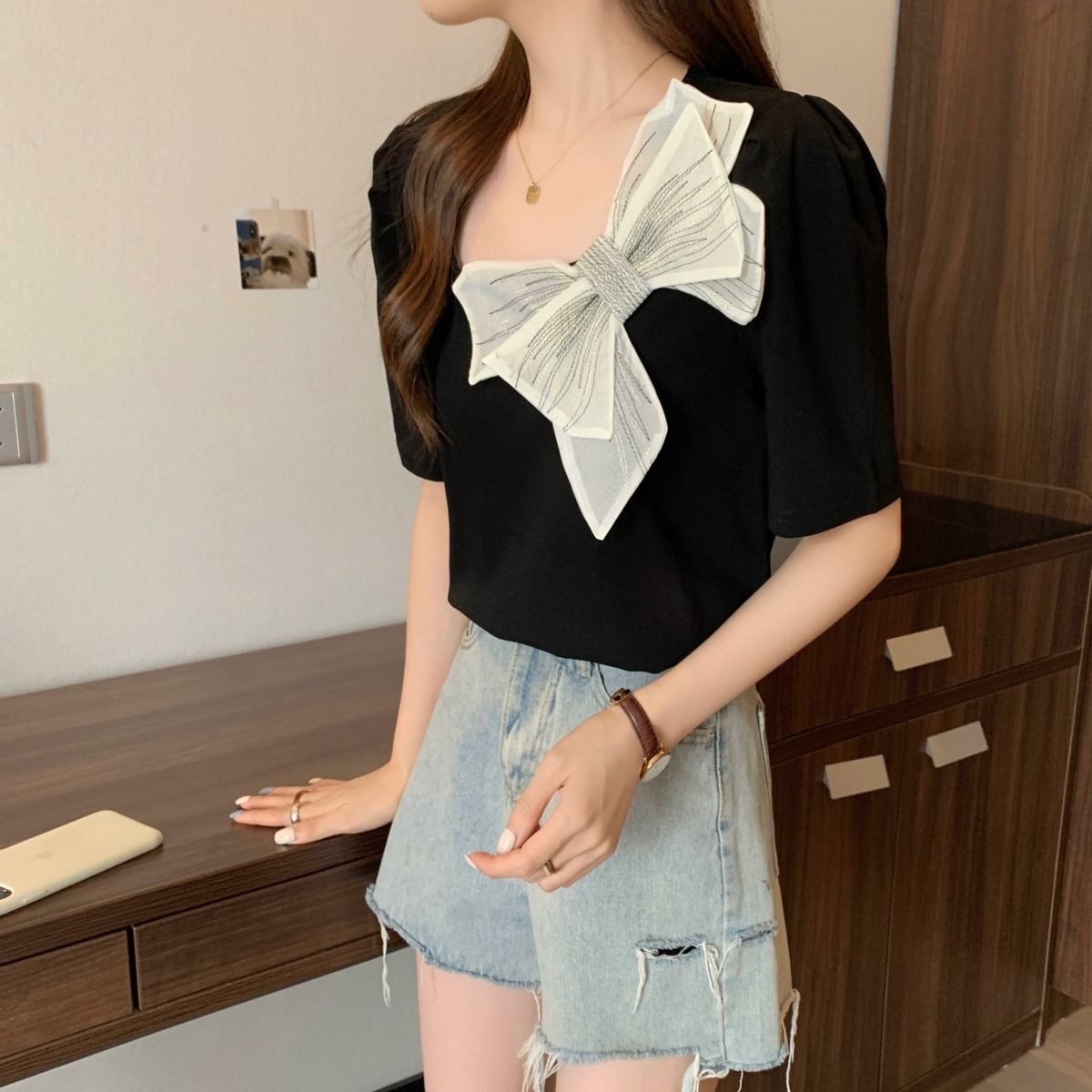 M-4XL蝴蝶結黑色短袖小方領T恤女設計感小眾氣質減齡上衣