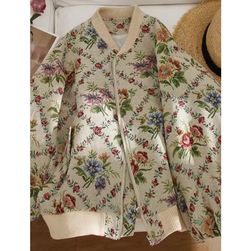復古油畫花卉棒球外套 小眾設計感碎花夾克
