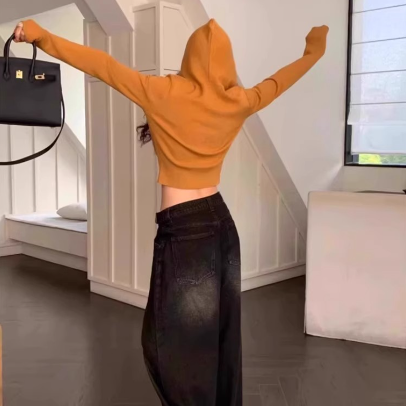 連帽針織短版上衣 5色修身 收腰顯瘦 長袖毛衣 秋季甜辣風