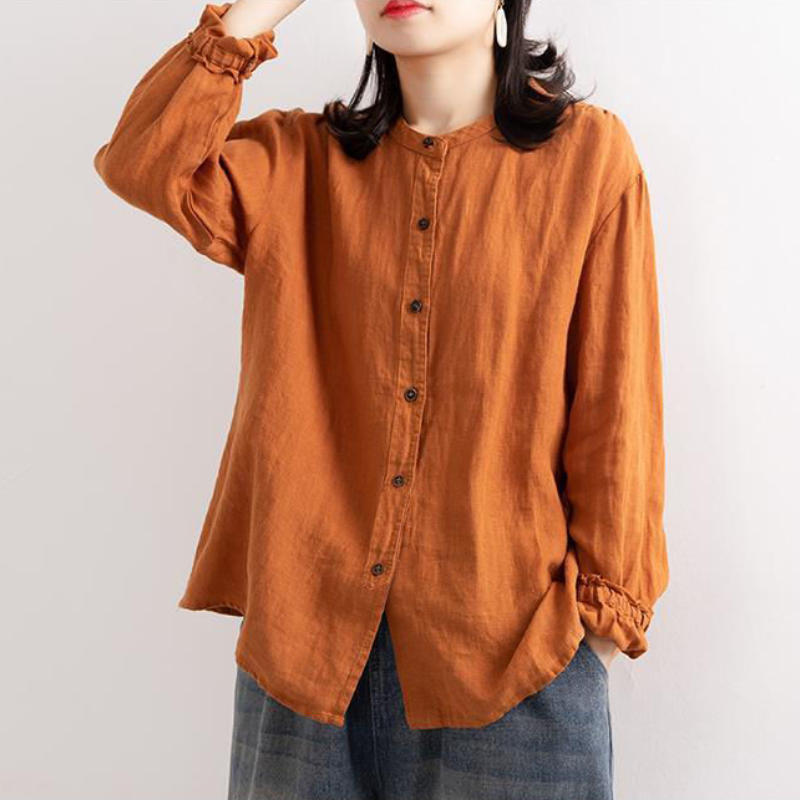 棉麻圓領襯衫外套 文青復古感 春秋長袖 寬鬆版 袖口縮口 好搭上衣