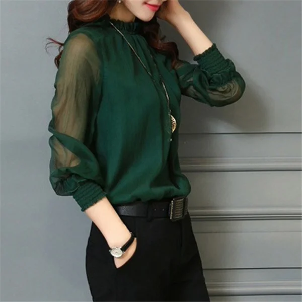 荷葉邊蕾絲雪紡衫-網紗長袖大尺碼打底襯衫 優雅百搭上衣