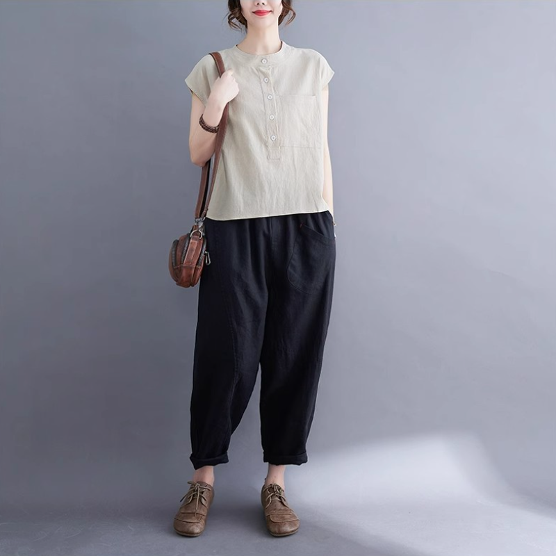 夏季棉麻無袖上衣｜文青風立領素色寬版襯衫 大尺碼百搭款