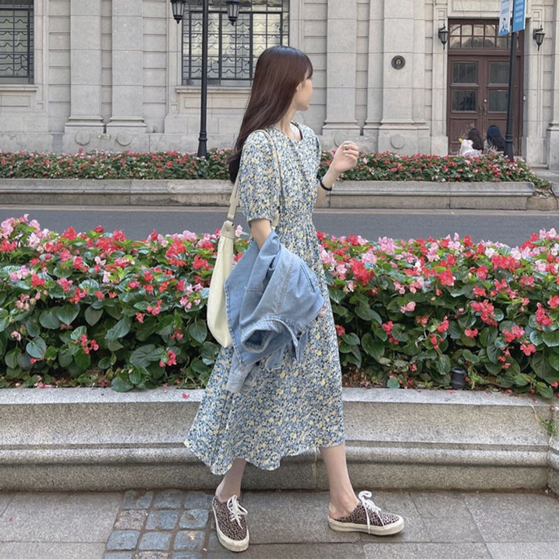 溫柔毆膩浪漫出遊·泡泡袖碎花連身長裙 甜美顯瘦法式氣質洋裝