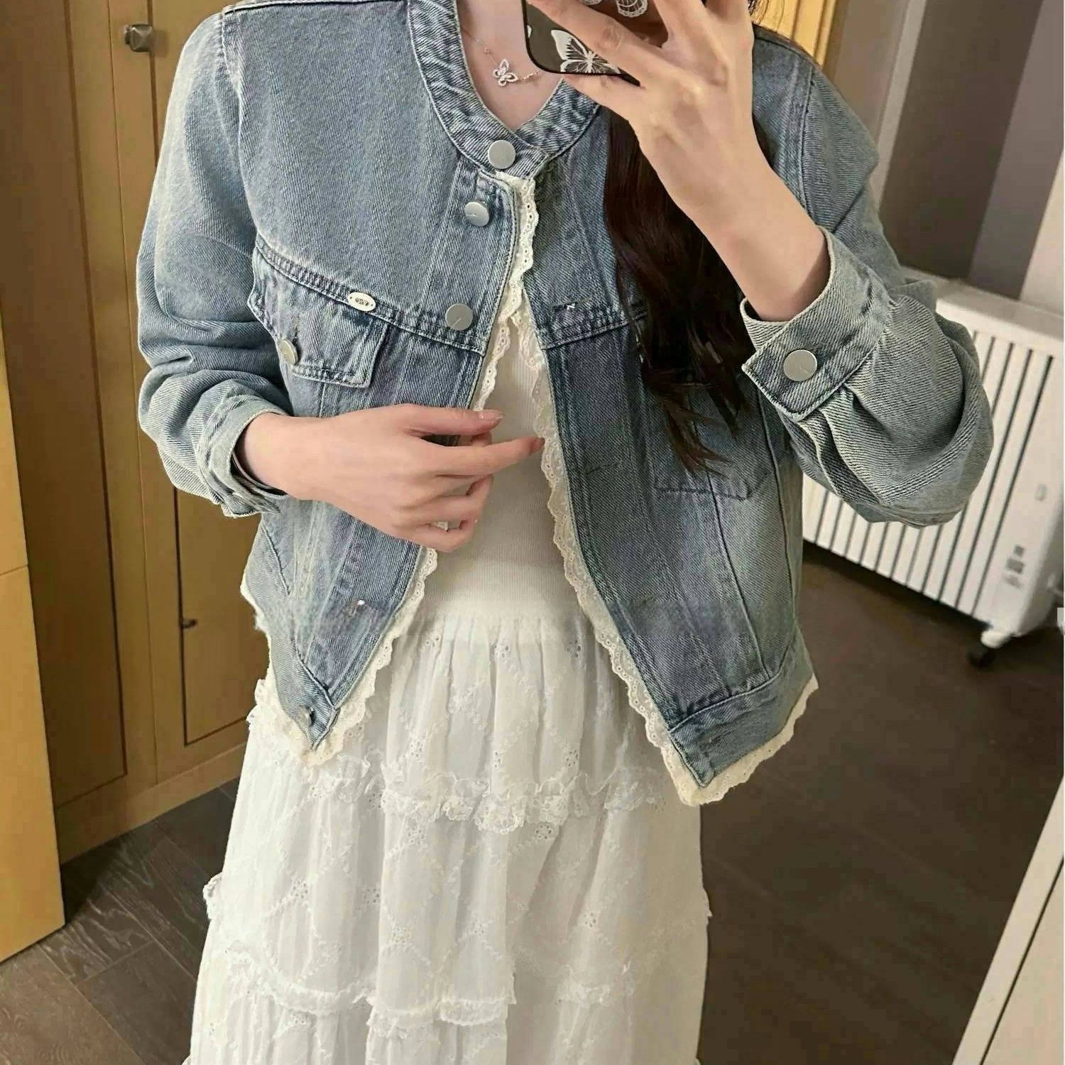 蕾絲花邊拼接牛仔外套 復古水洗短版 韓系休閒款