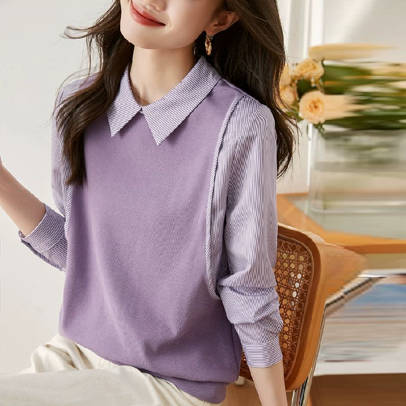 春夏法式條紋假兩件長袖襯衫 高級感豎條紋浪漫紫色翻領上衣