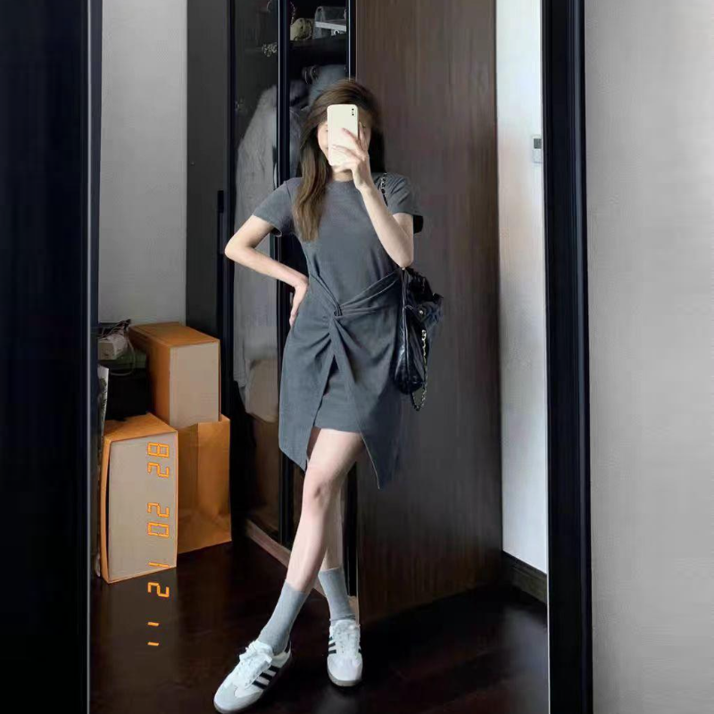 法式氣質收腰短袖連身裙 小眾設計圓領短裙