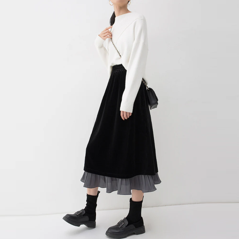 多巴胺絲絨撞色半身裙女2024秋冬新款黑色高腰氣質半裙假兩件