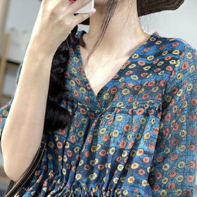 簡約 ‧ 收腰文藝復古印花連身裙