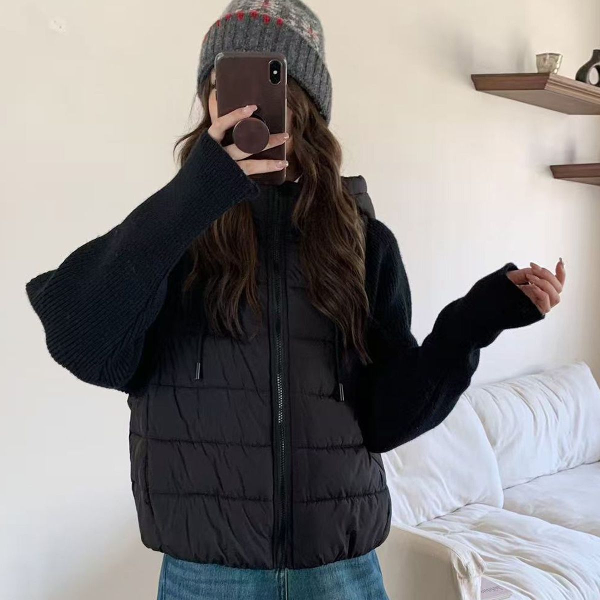 針織拼接連帽鋪棉外套 短版輕量 保暖不臃腫（小個子友善）