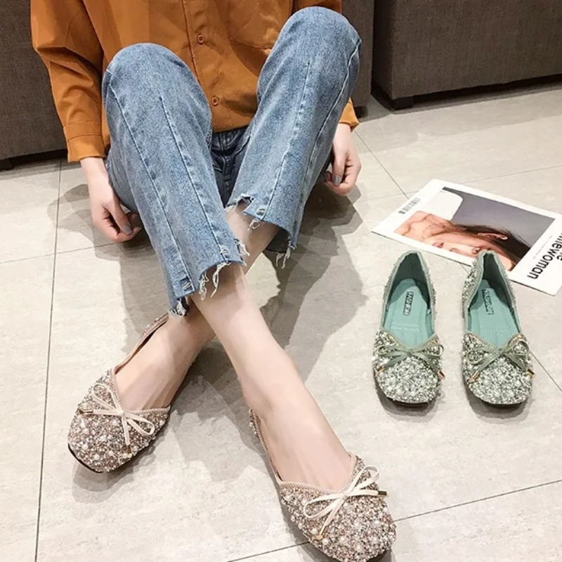 3色 35-43/ 韓版蝴蝶結淺口單鞋 珍珠水鑽平底鞋