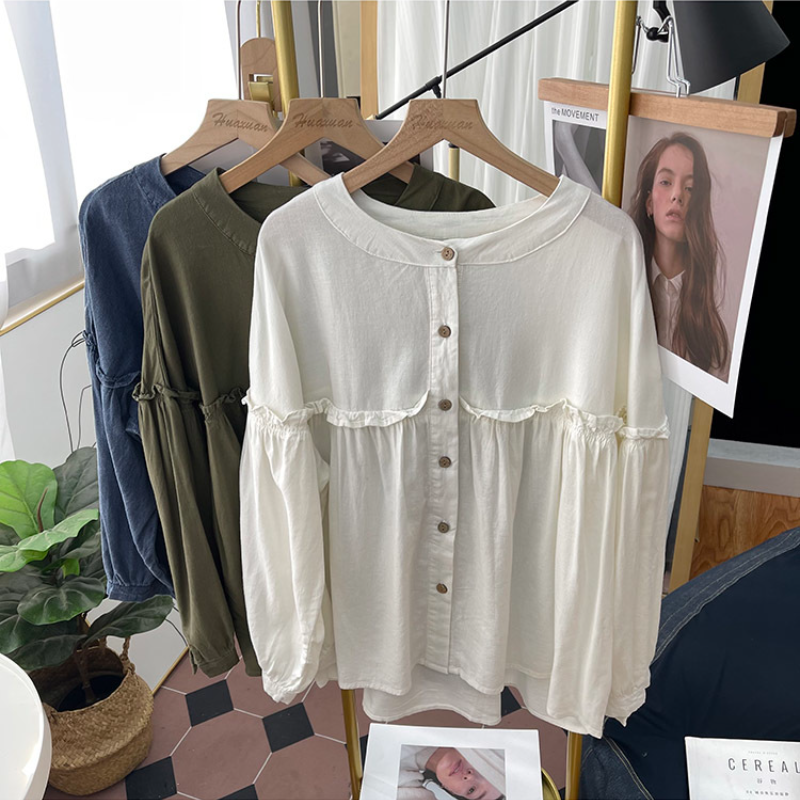 純棉燈籠袖襯衫 圓領排釦 荷葉邊拼接 寬鬆復古感