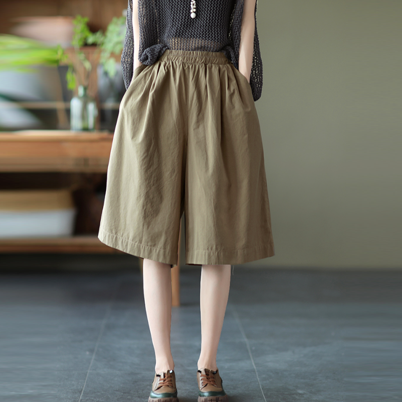 純棉寬版中長褲 鬆緊腰設計 文青休閒風