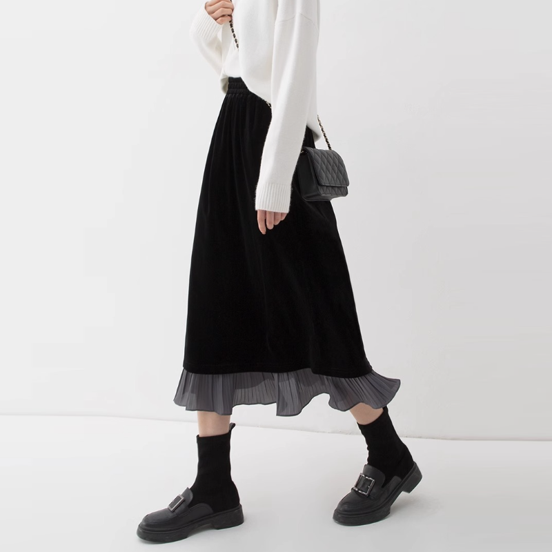 多巴胺絲絨撞色半身裙女2024秋冬新款黑色高腰氣質半裙假兩件