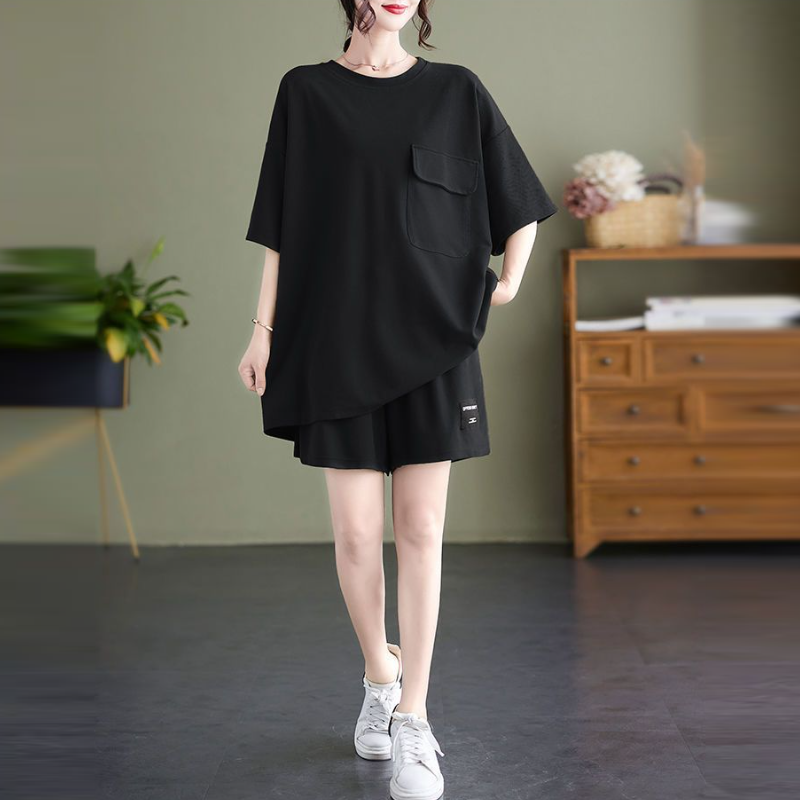 大尺碼素色短袖短褲兩件套 寬鬆顯瘦休閒家居套裝