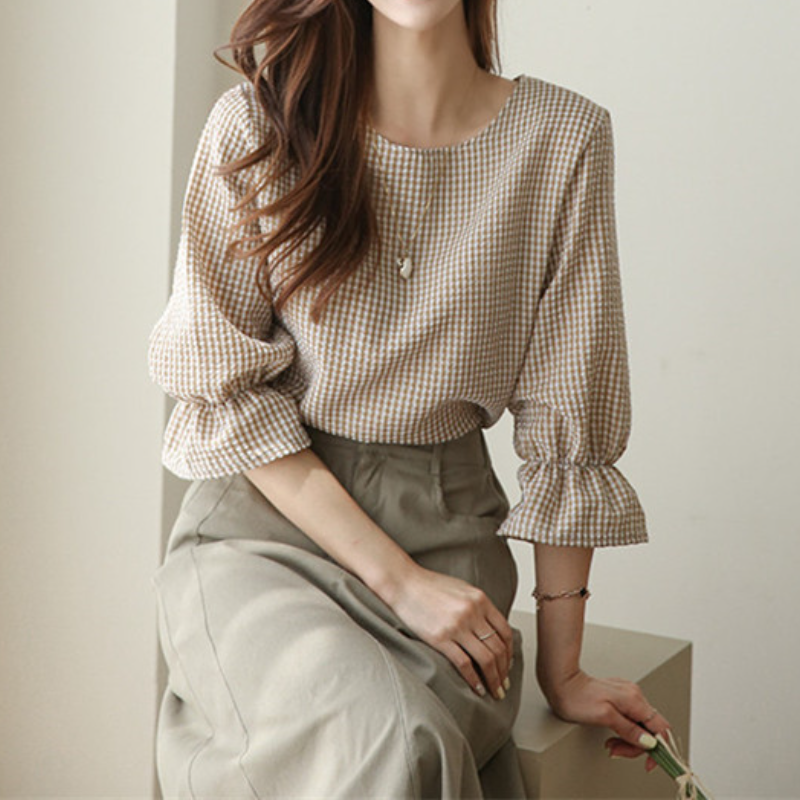 英倫格紋x顯瘦喇叭袖 優雅圓領上衣 寬鬆襯衫顯瘦微喇袖