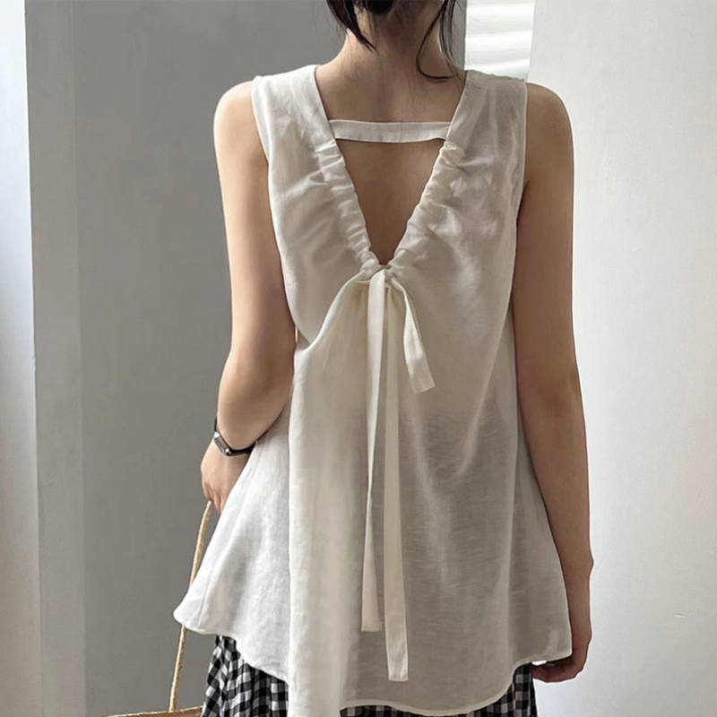 韓系後背綁帶V領無袖上衣  露背設計 輕熟法式感