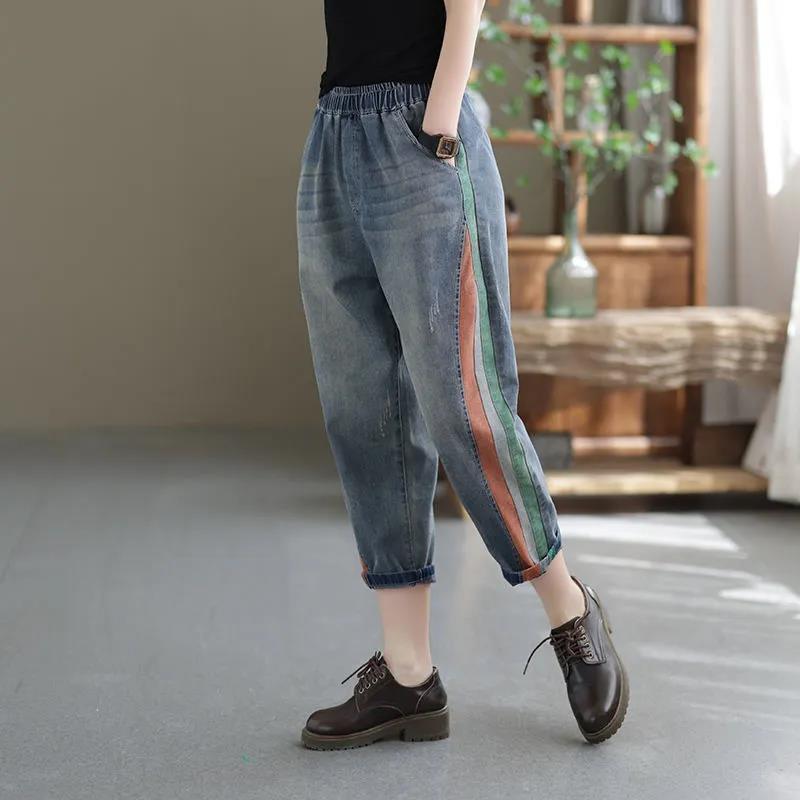 牛仔拼接撞色九分褲 寬鬆好搭 鬆緊腰哈倫版