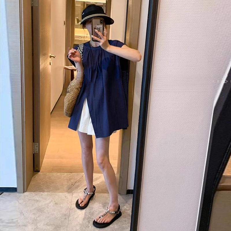 不規則側開高衩飛袖襯衫 夏季寬鬆設計感休閒氣質上衣