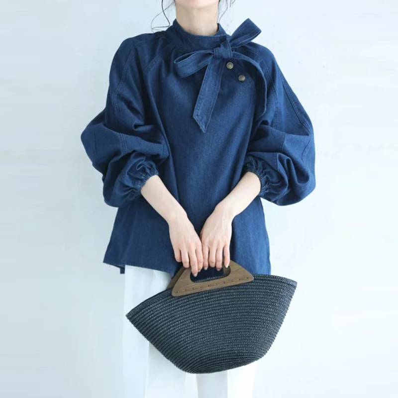 牛仔系帶蝴蝶結襯衫 燈籠袖設計 百搭丹寧上衣