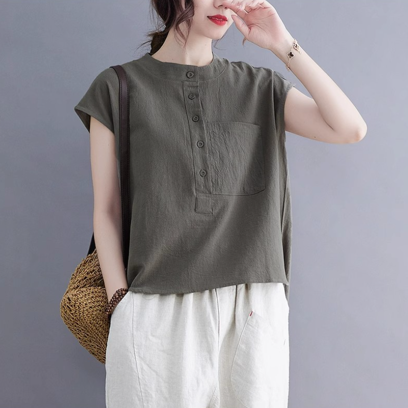 夏季棉麻無袖上衣｜文青風立領素色寬版襯衫 大尺碼百搭款