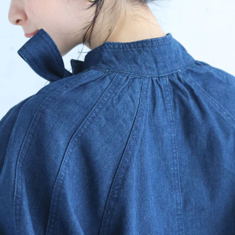 牛仔系帶蝴蝶結襯衫 燈籠袖設計 百搭丹寧上衣