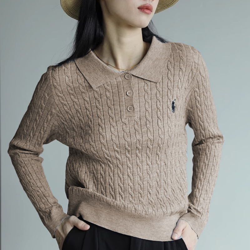 復古灰色翻領刺繡針織衫 通勤麻花毛衣顯瘦上衣