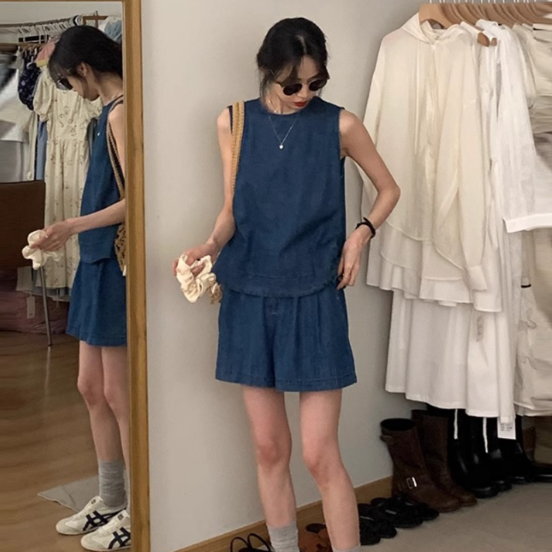 牛仔顯瘦組合 冰氧牛仔抗熱背心+高腰短褲 兩件減齡兩件套