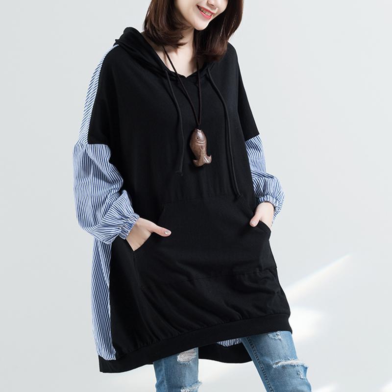 大尺碼秋季洋氣連帽上衣 拼接格紋連帽連身裙 拼接洋裝