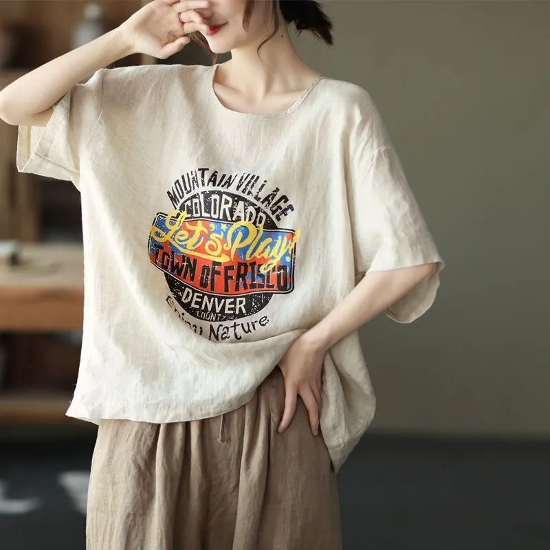 簡約．字母印花圖案上衣  棉麻印花短袖 圓領休閒t恤