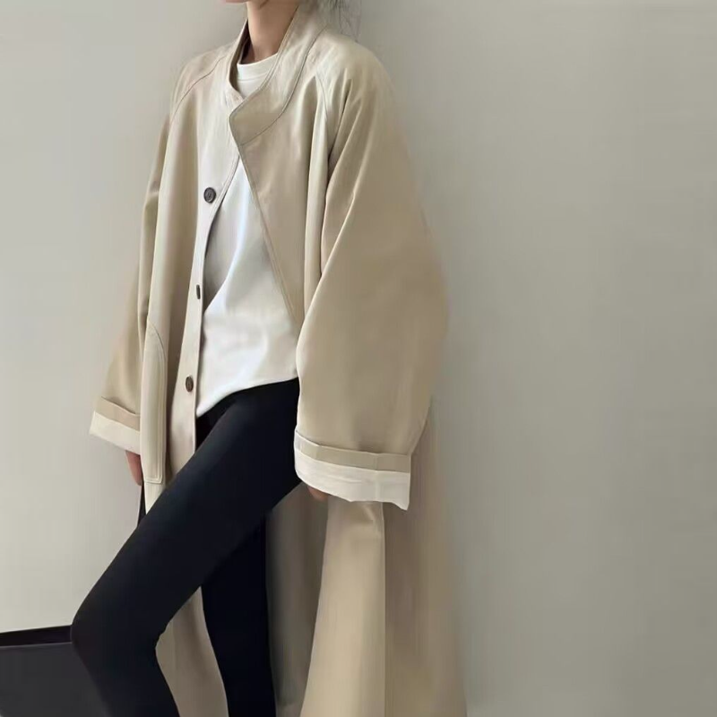 立領中長版風衣外套 英倫感 高級質感 寬鬆剪裁 春秋休閒百搭