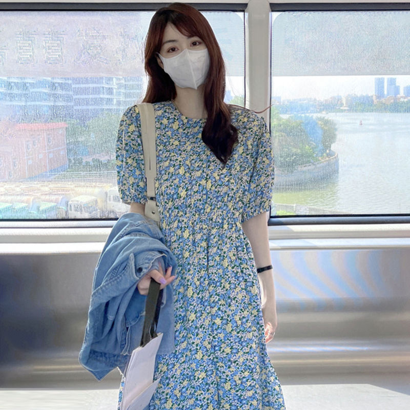 溫柔毆膩浪漫出遊·泡泡袖碎花連身長裙 甜美顯瘦法式氣質洋裝