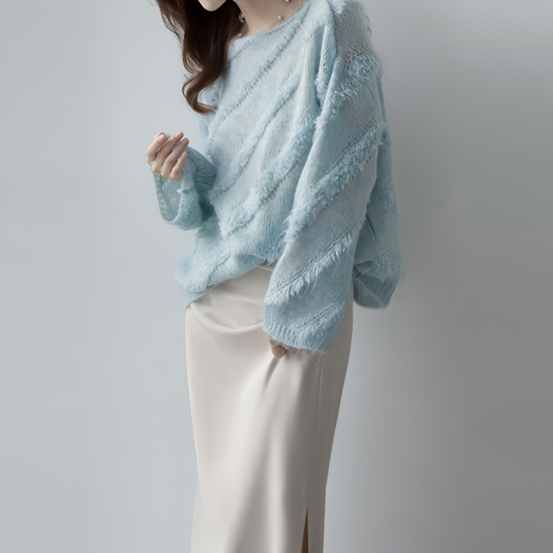 法式慵懶一字領馬海毛毛衣 秋冬外穿寬鬆針織上衣 柔軟蓬鬆