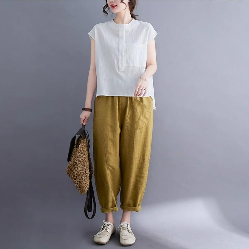 夏季棉麻無袖上衣｜文青風立領素色寬版襯衫 大尺碼百搭款