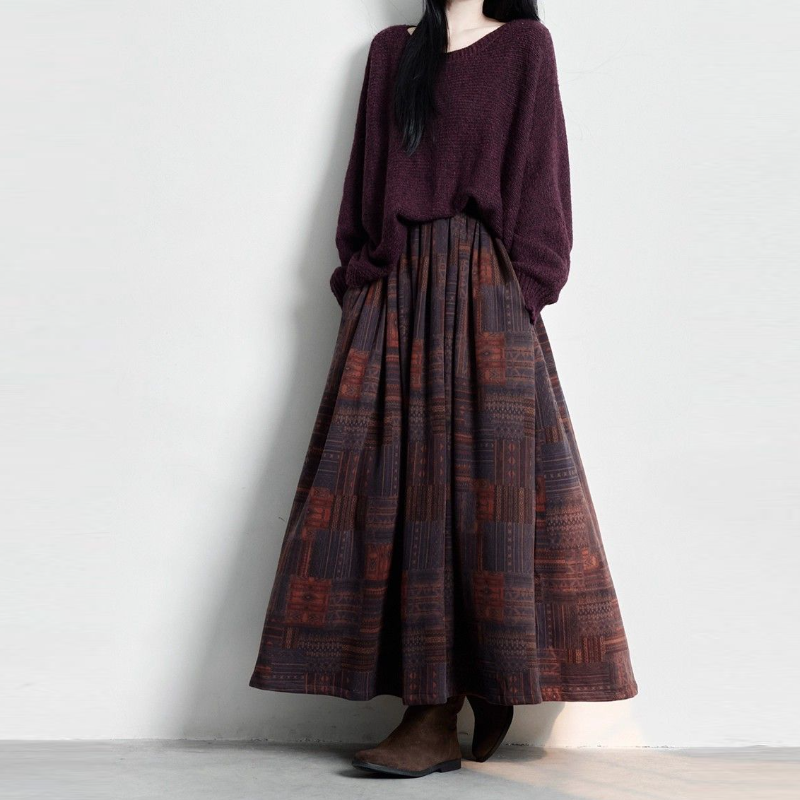 「套裝/單件」復古文藝針織上衣＋印花長裙兩件式套裝 慵懶氣質 秋冬穿搭