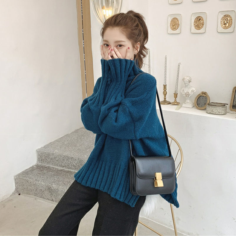 寬鬆高領針織毛衣 落肩版型 加長羅紋下擺與袖口