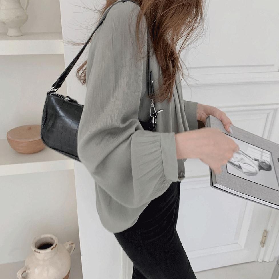 素面長袖雪紡襯衫 春夏法式方領設計感 氣質百搭上衣