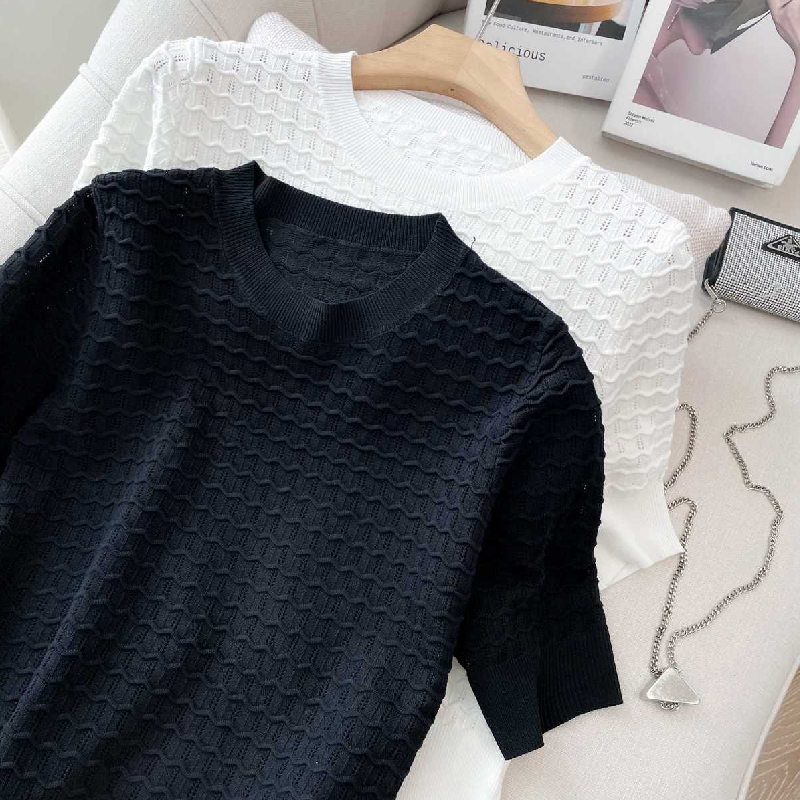 小香風鏤空針織套裝 法式刺繡透膚傘狀裙可拆式兩穿上下套裝