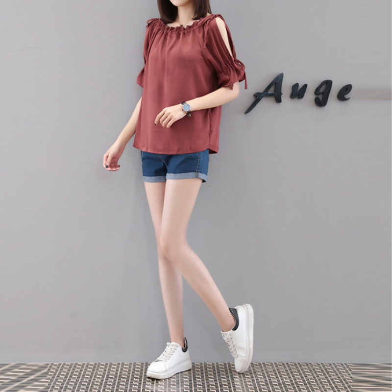 韓版繫帶鏤空寬鬆雪紡衫