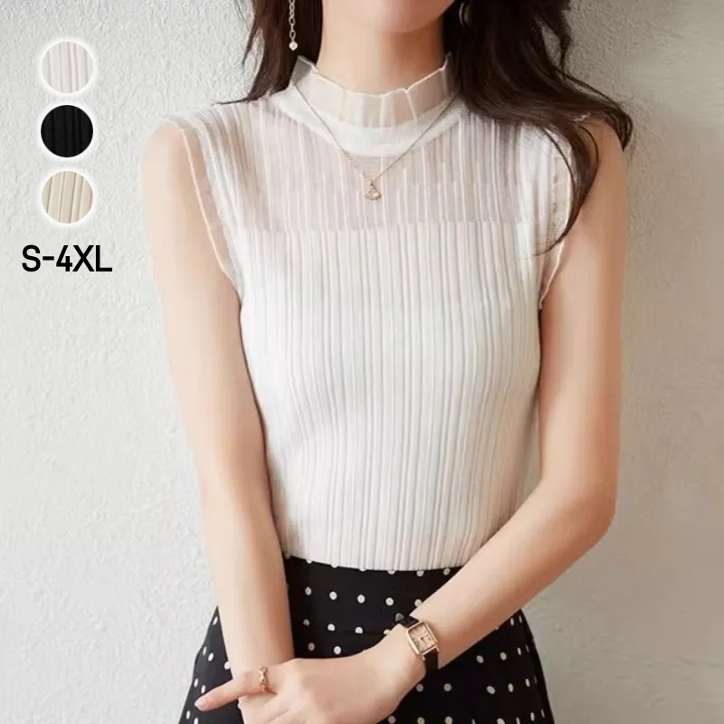 蕾絲拼接小高領無袖針織上衣 西裝內搭首選